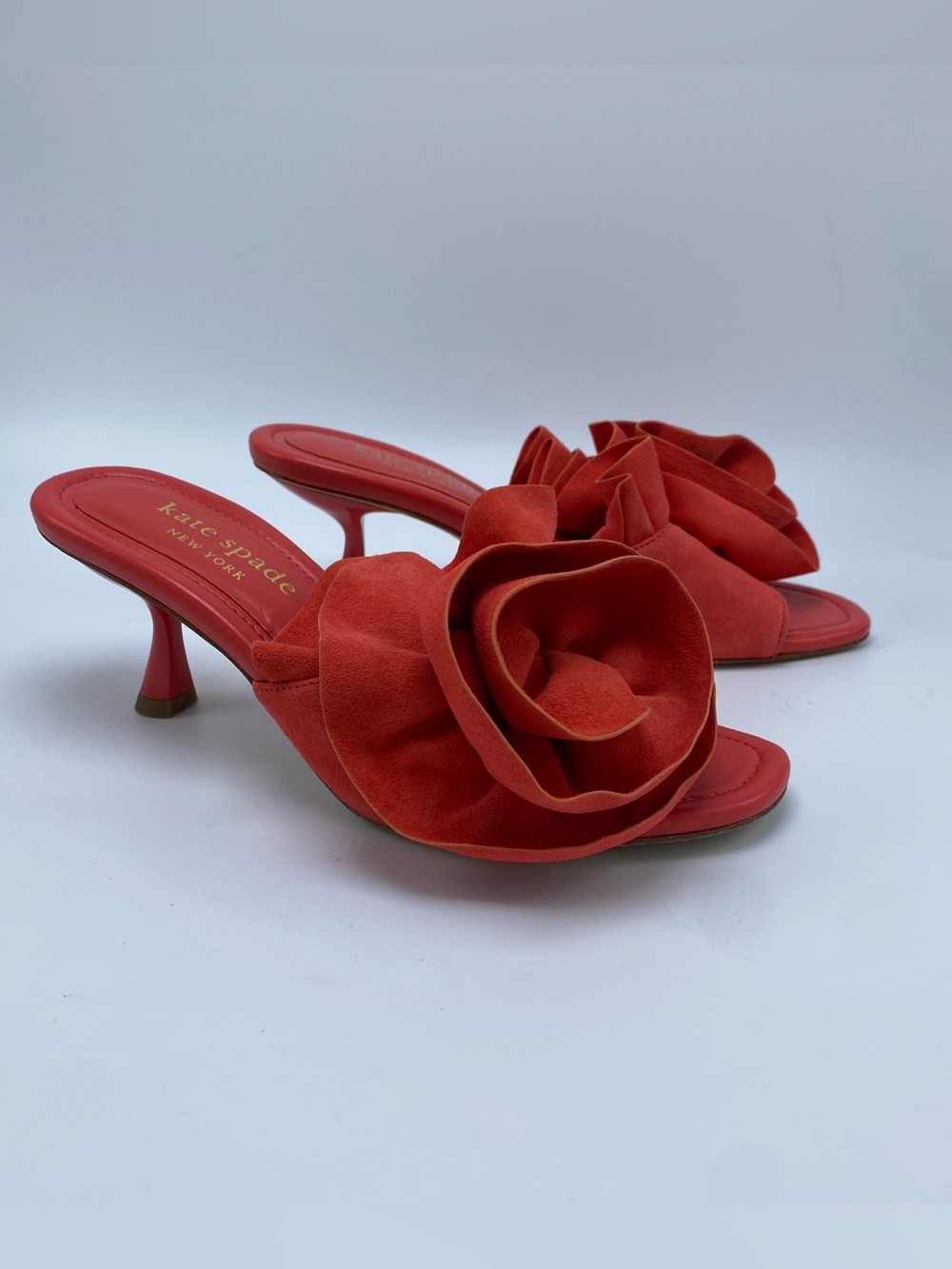 kate spade size 6.5 Red Suede Floral Rosette Kitten Heel Mules